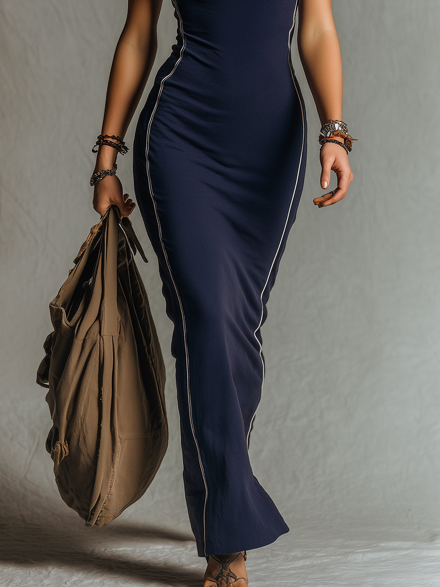 Retro-Sporty Color-Block Slim-Fit Halter Maxi Dress