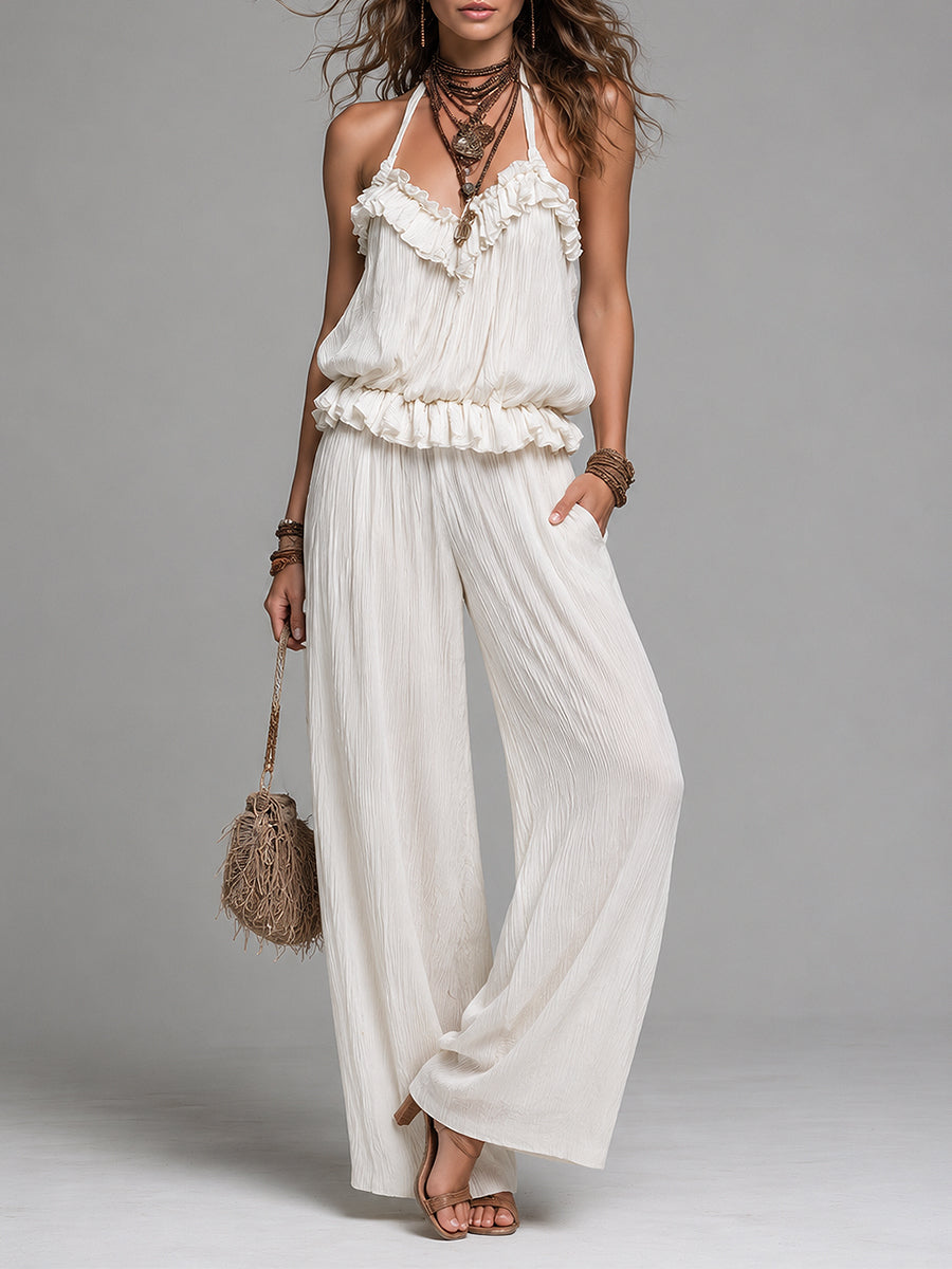 Retro Ruffled Halter Top & Crinkled Chiffon Wide-Leg Pants Set