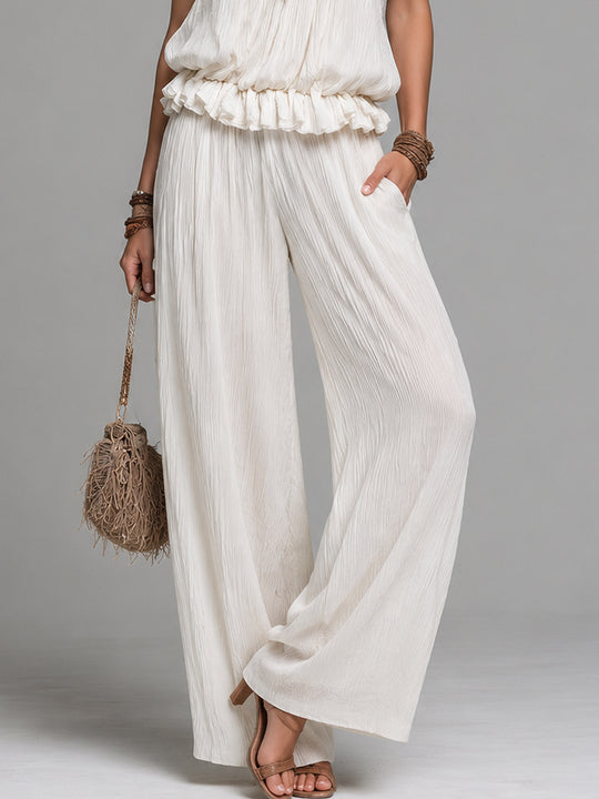 Retro Ruffled Halter Top & Crinkled Chiffon Wide-Leg Pants Set