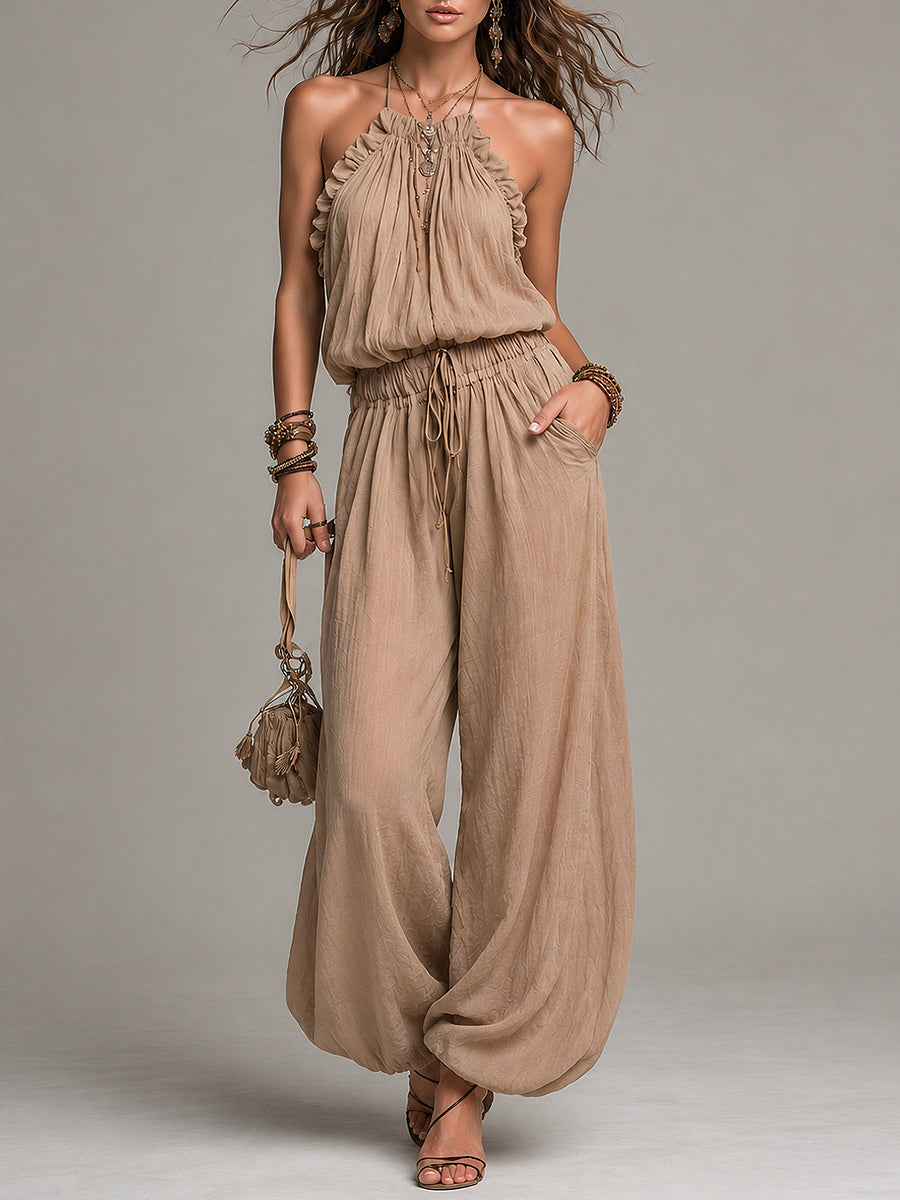 Boho Vacation Ruffled Halter Top & Lantern Pants Set