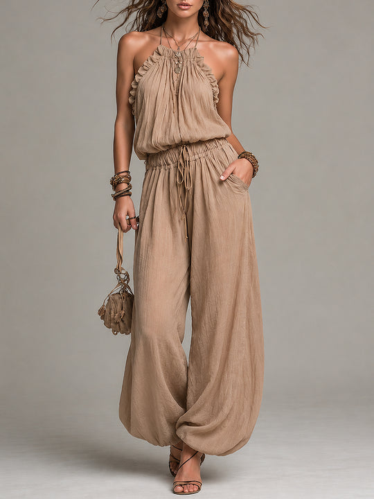 Boho Vacation Ruffled Halter Top & Lantern Pants Set