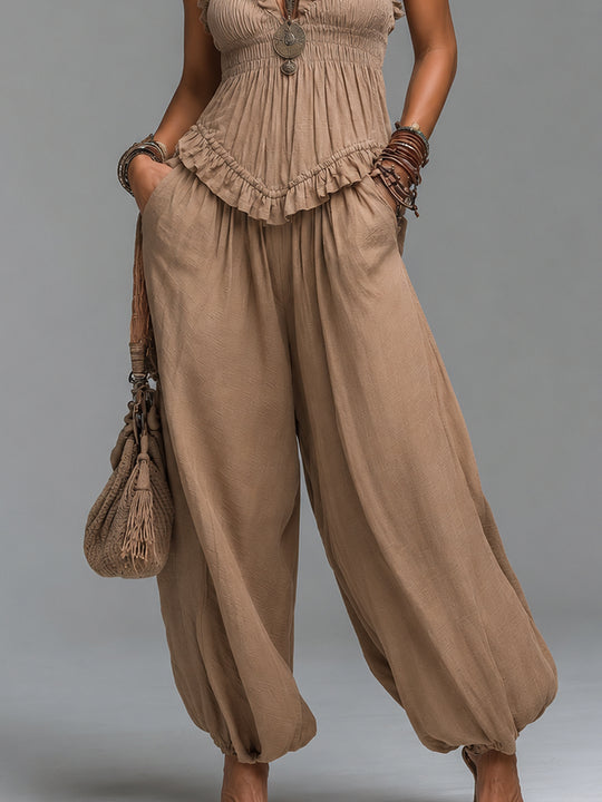 Retro Shirred Waist Ruffle-Trim Blouse & Balloon Pants Set