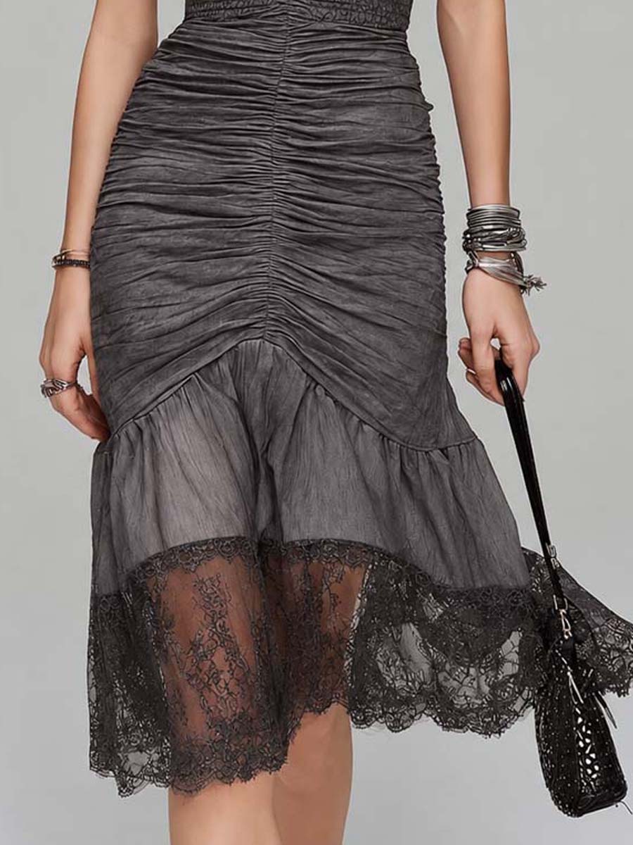 Charcoal Gray Crinkled Tencel & Lace Halter Ruched Midi Dress