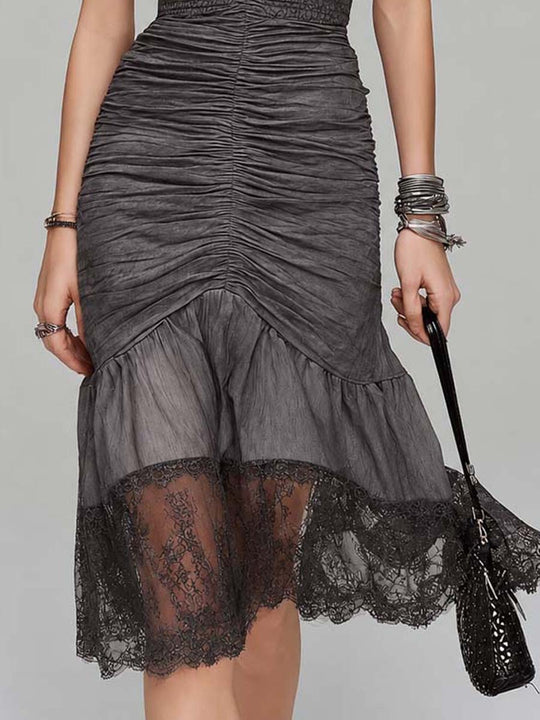 Charcoal Gray Crinkled Tencel & Lace Halter Ruched Midi Dress