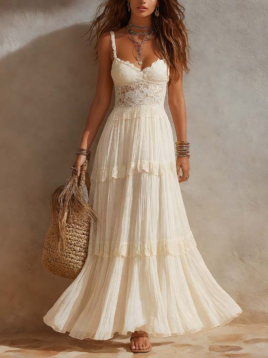 Bohemian Resort-Style Lace Fabric And Pleated Skirt Maxi Dress