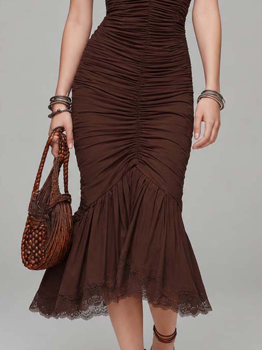 Chocolate Brown Cotton-Knit & Mesh Lace Halter Ruched Midi Dress