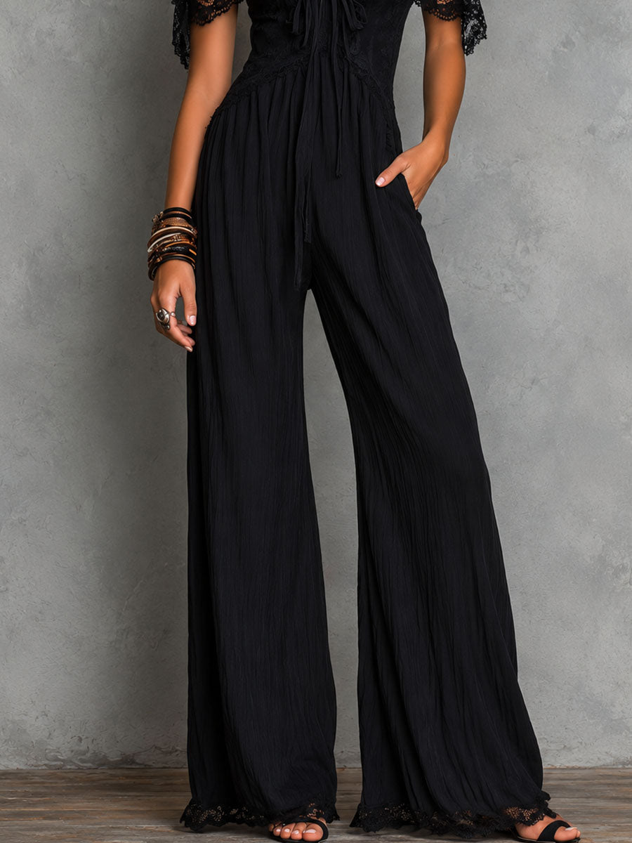 Boho Black Lace Trim Cold-Shoulder Wide-Leg Jumpsuit