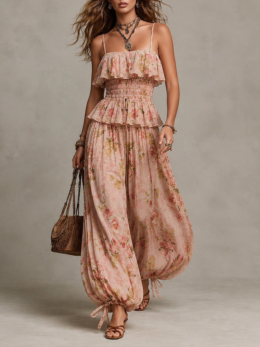 Retro-Print Shirred Top & Drawstring-Hem Balloon Pants Set