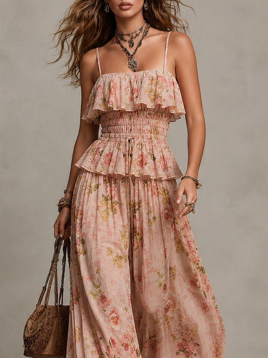 Retro-Print Shirred Top & Drawstring-Hem Balloon Pants Set