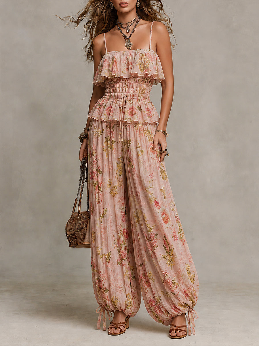 Retro-Print Shirred Top & Drawstring-Hem Balloon Pants Set