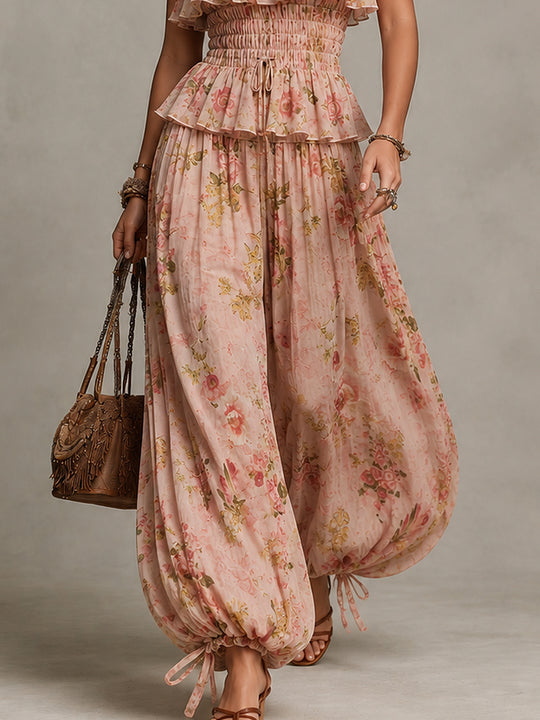 Retro-Print Shirred Top & Drawstring-Hem Balloon Pants Set