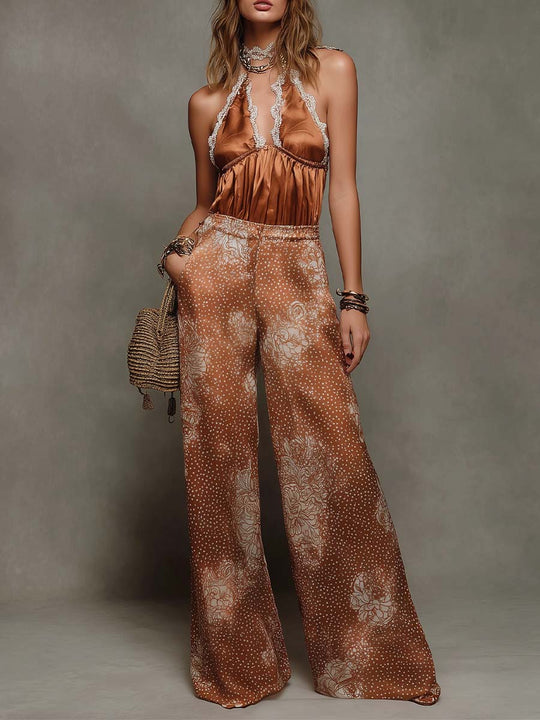 Rust Satin & Lace Halter Top & Floral Dot Wide-Leg Pants Set