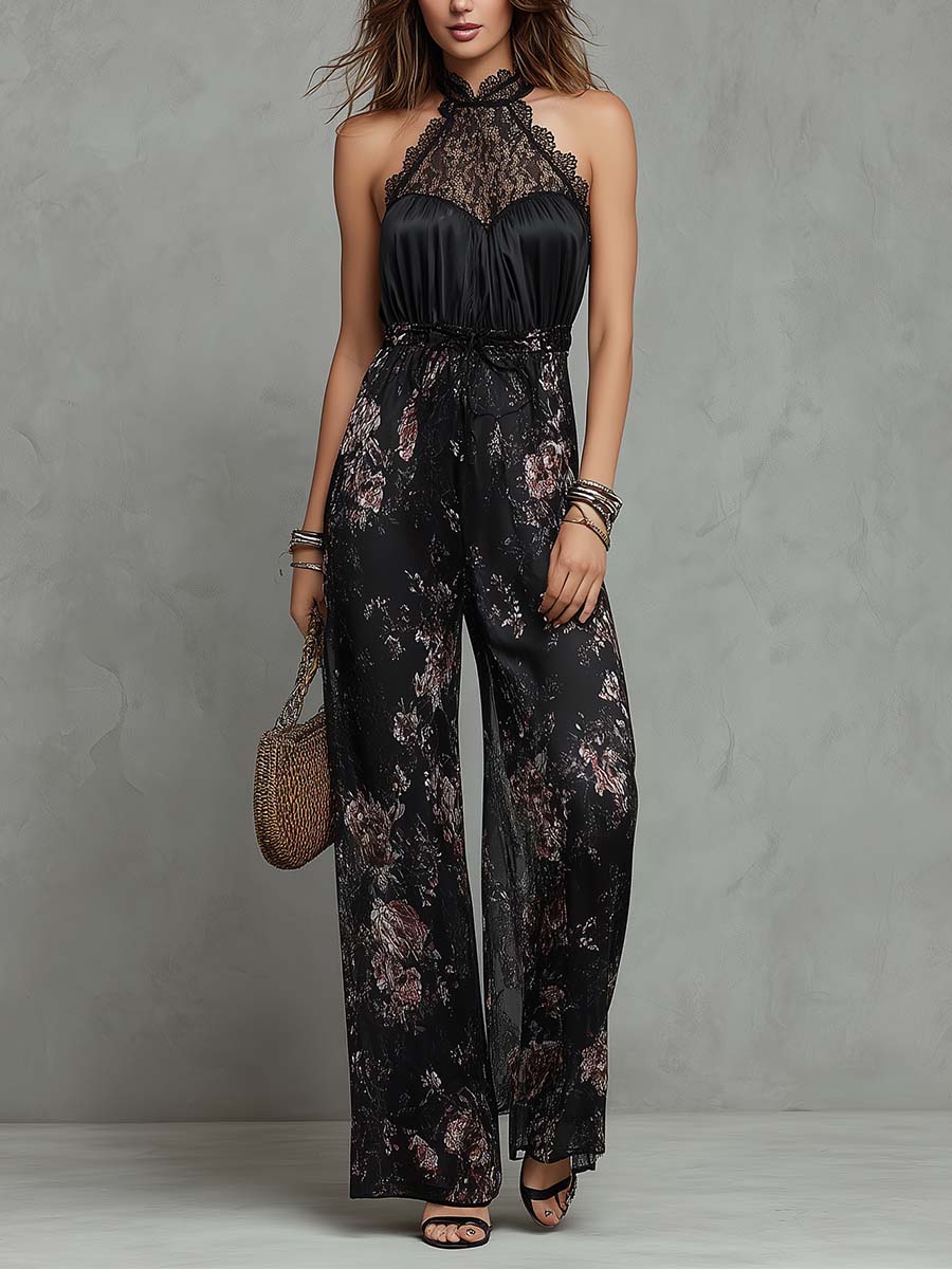 Black Floral Satin & Lace Halter Wide-Leg Jumpsuit