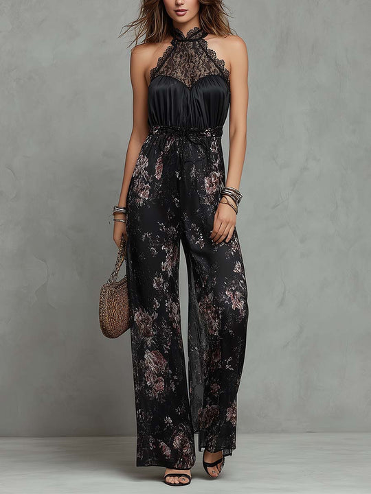 Black Floral Satin & Lace Halter Wide-Leg Jumpsuit