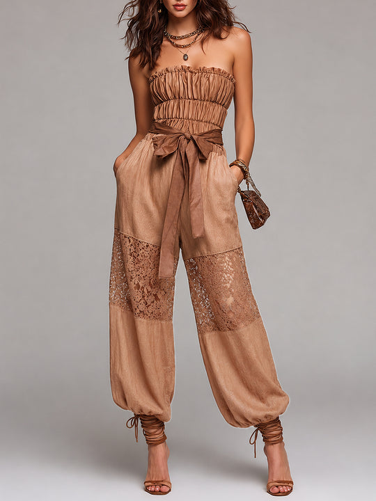 Boho Strapless Shirred Lace-Paneled Balloon Jumpsuit