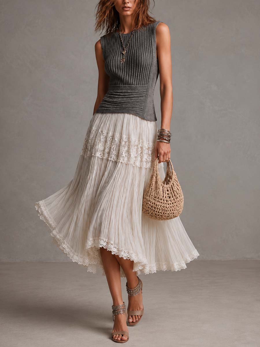 Charcoal Gray Ribbed Knit Top & Crinkled Chiffon Lace Tiered Skirt Set