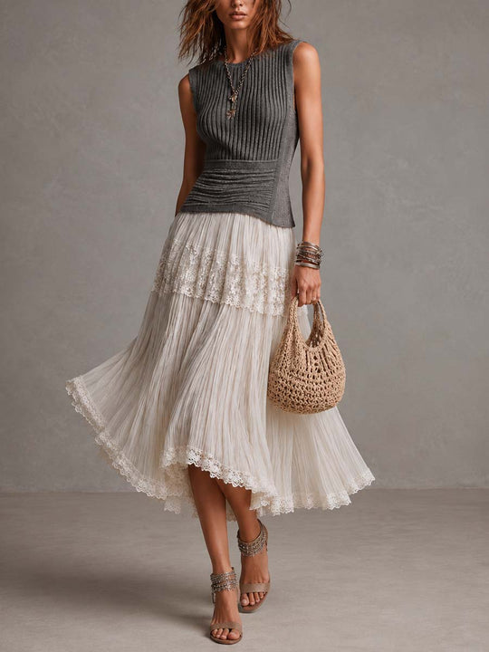 Charcoal Gray Ribbed Knit Top & Crinkled Chiffon Lace Tiered Skirt Set