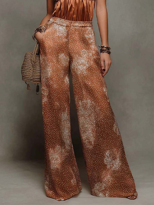 Rust Satin & Lace Halter Top & Floral Dot Wide-Leg Pants Set