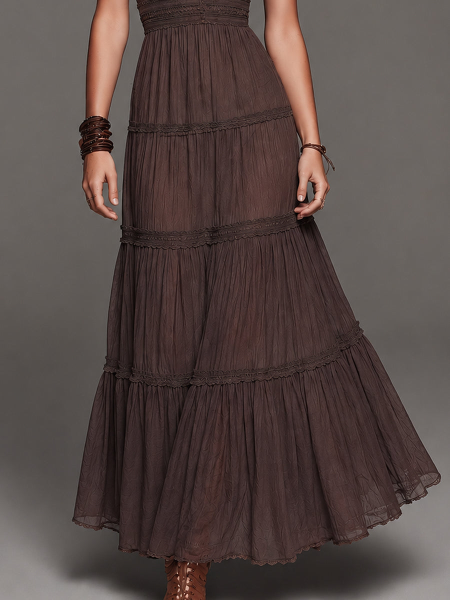 Vacation-Style Chiffon Crinkle Lace Trim Maxi Dress