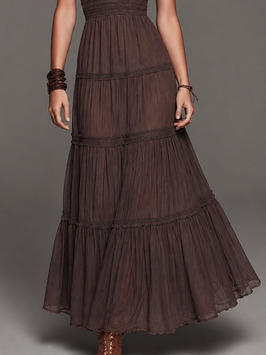 Vacation-Style Chiffon Crinkle Lace Trim Maxi Dress