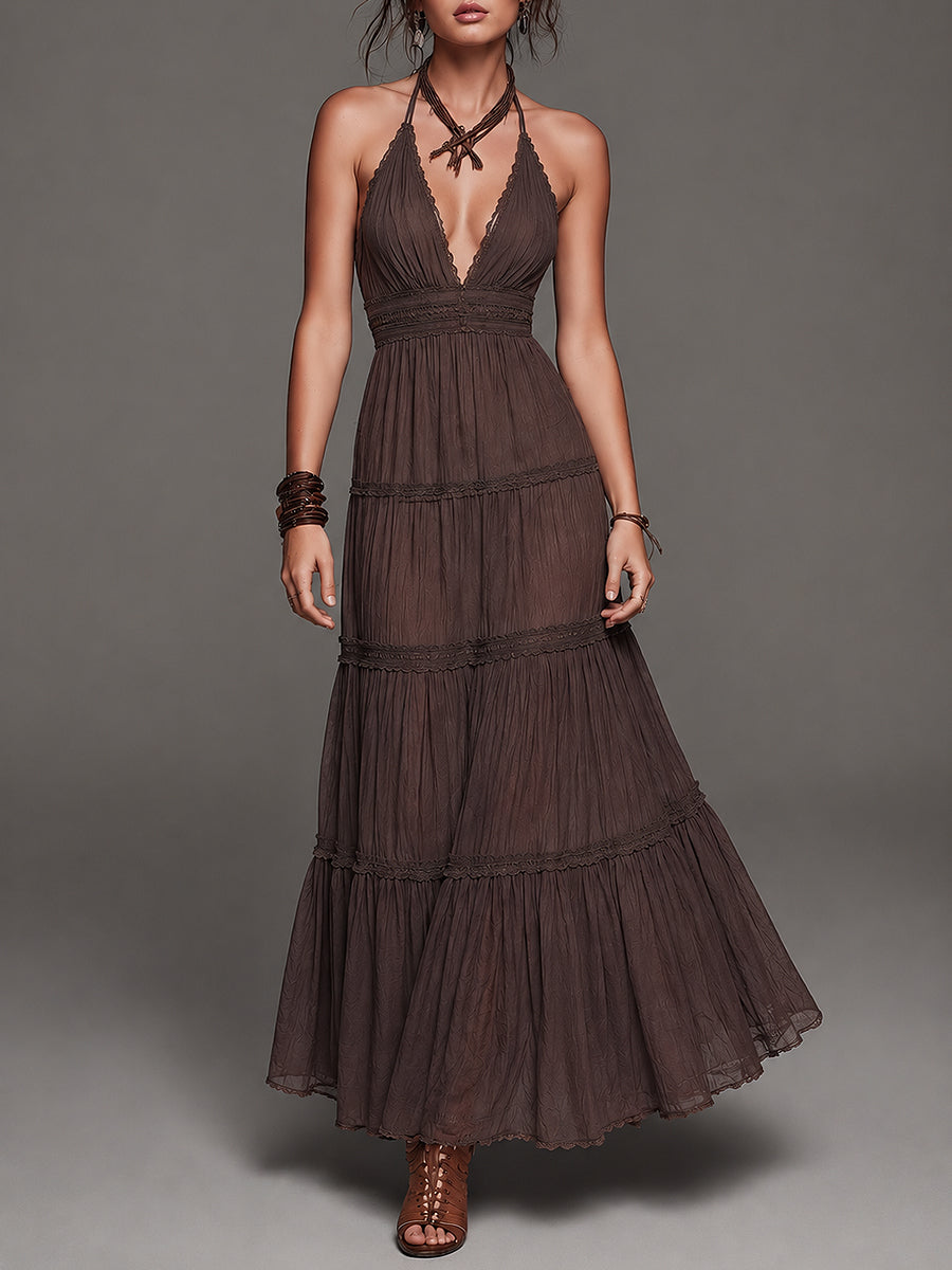 Vacation-Style Chiffon Crinkle Lace Trim Maxi Dress