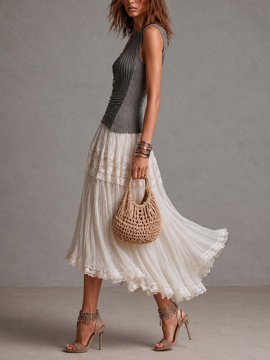 Charcoal Gray Ribbed Knit Top & Crinkled Chiffon Lace Tiered Skirt Set