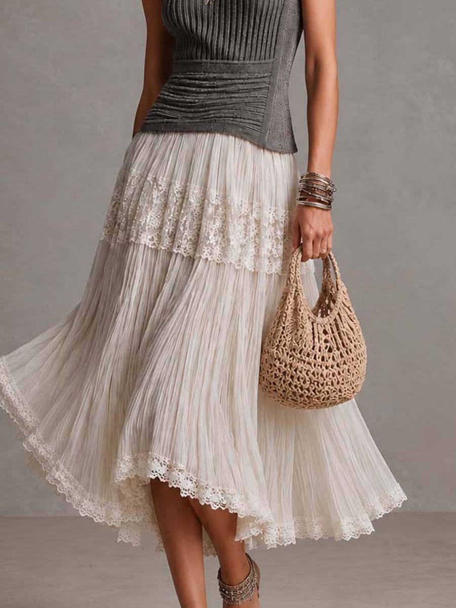 Charcoal Gray Ribbed Knit Top & Crinkled Chiffon Lace Tiered Skirt Set