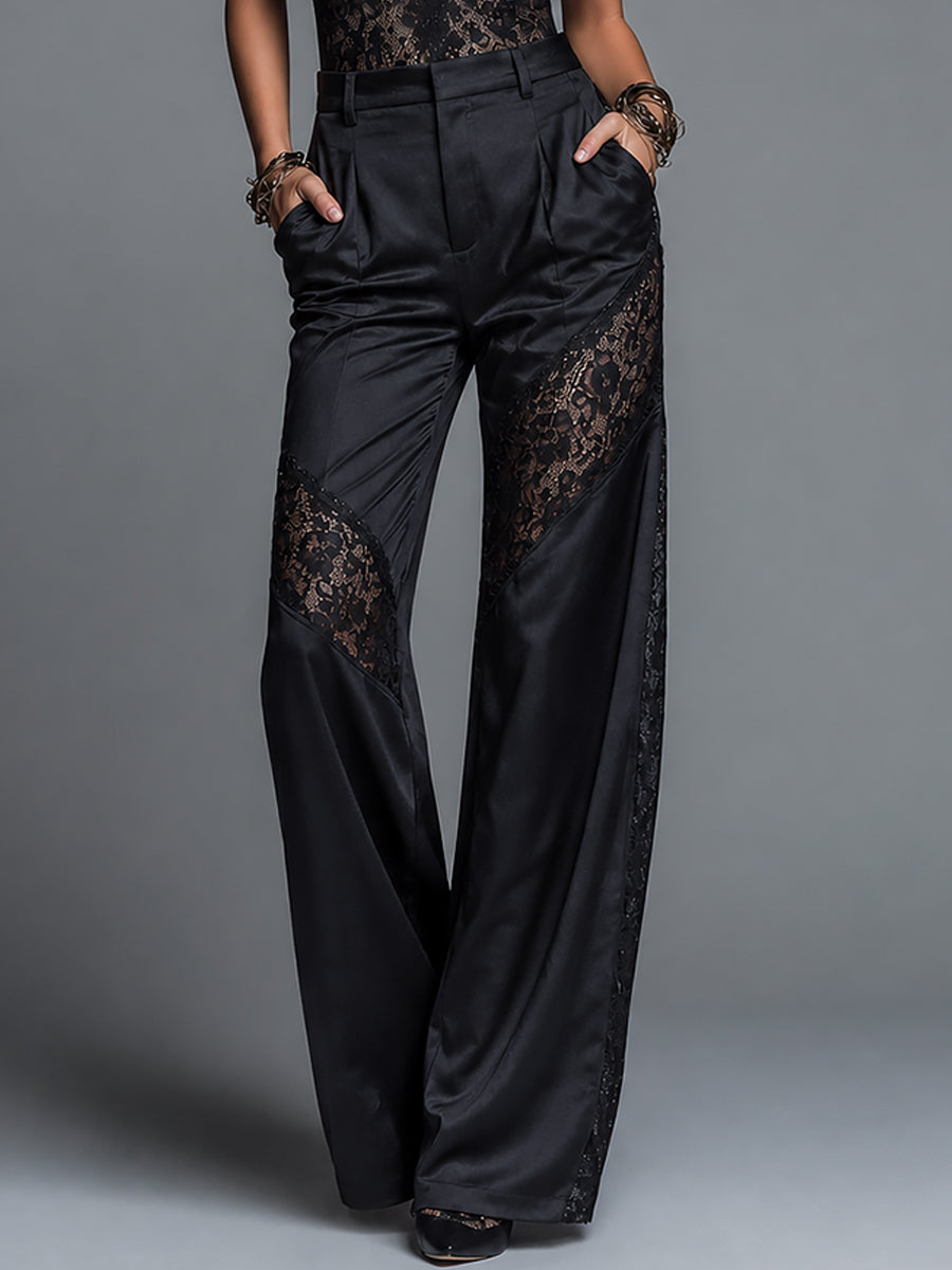 Chic Halter-Neck Lace Top & Lace-Paneled Wide-Leg Pants Set