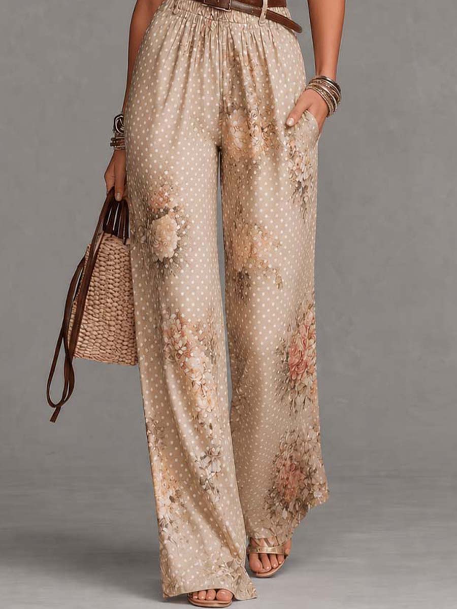 Champagne Floral Polka Dot Halter Lace-Trimmed Wide-Leg Jumpsuit
