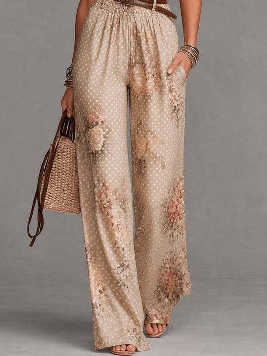 Champagne Floral Polka Dot Halter Lace-Trimmed Wide-Leg Jumpsuit