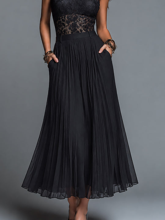 Retro Stand-Collar Cutout Lace Top & Chiffon Pleated Skirt Set