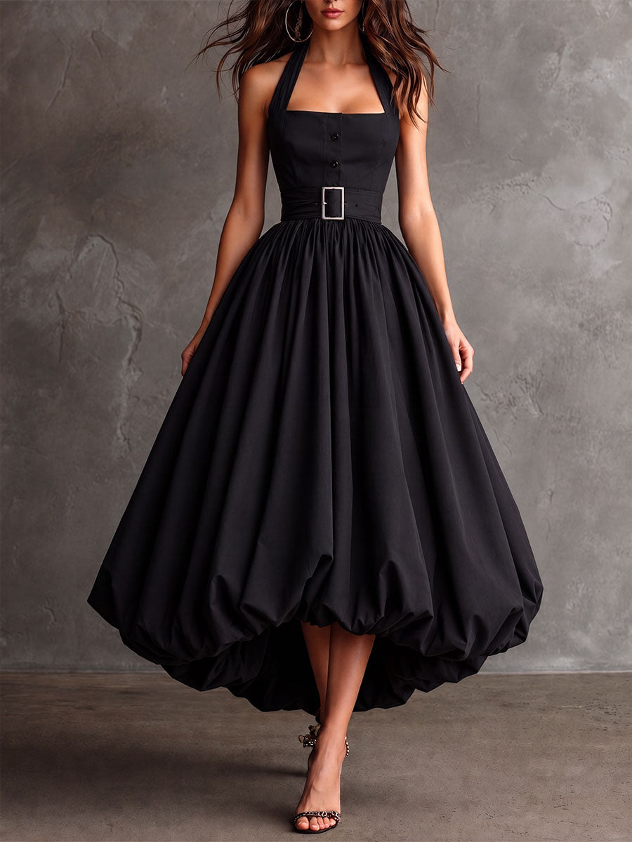 Retro Elegant Black Halter Belted Bubble Hem Dress