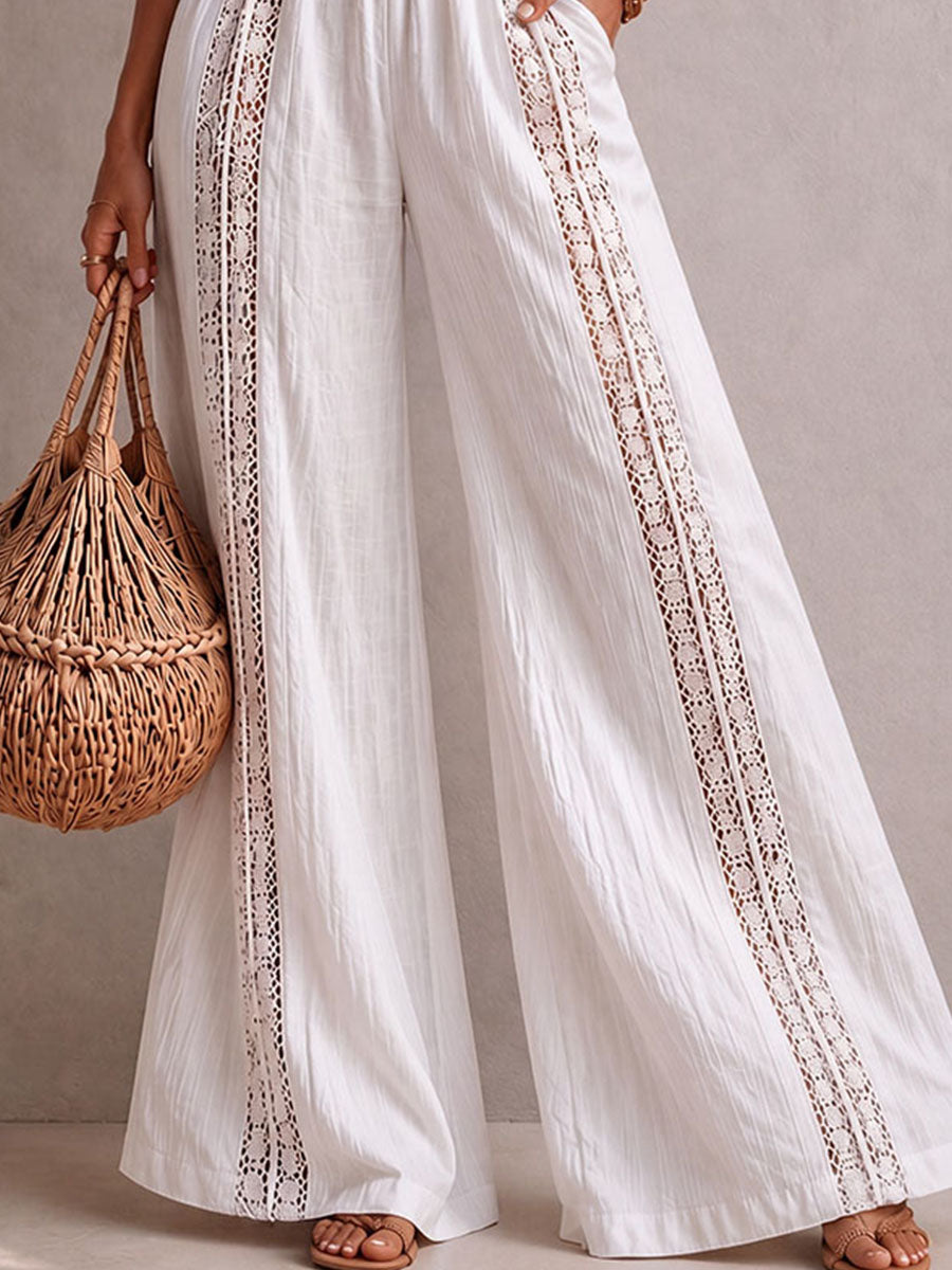 Boho White Halter Lace-Trim Smocked Waist Wide-Leg Jumpsuit