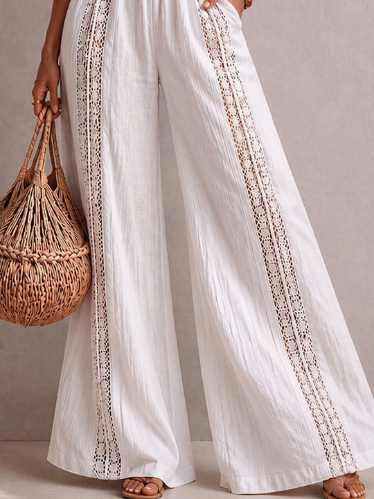 Boho White Halter Lace-Trim Smocked Waist Wide-Leg Jumpsuit