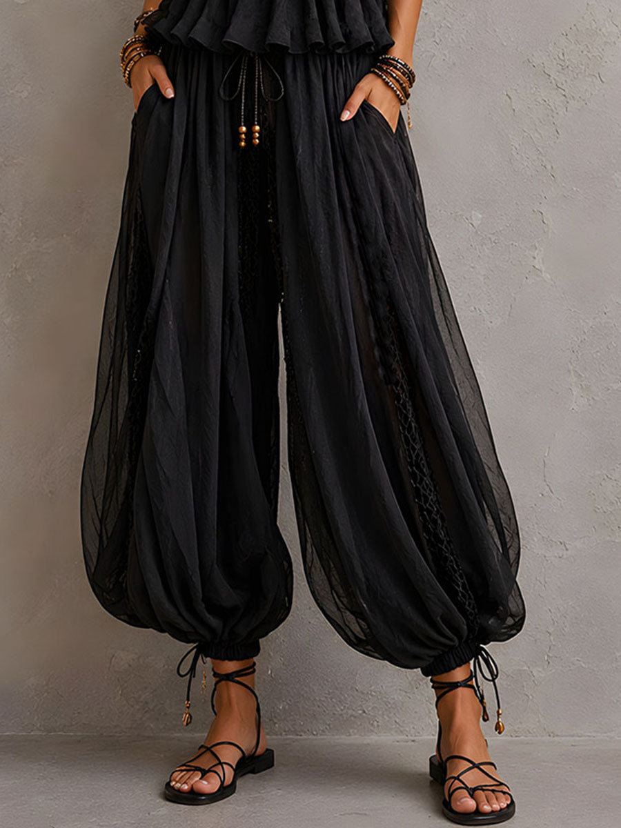 Boho Chic Black Smocked Peplum Two-Piece Set