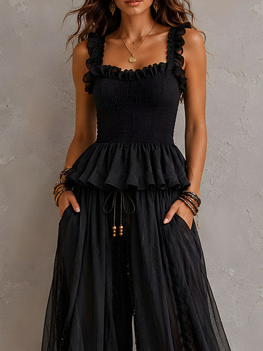 Boho Chic Black Smocked Peplum Two-Piece Set