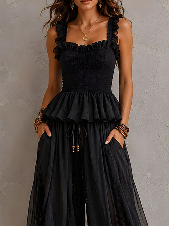 Boho Chic Black Smocked Peplum Two-Piece Set