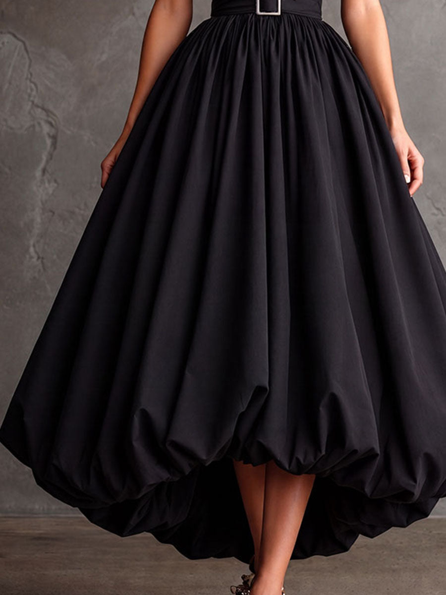 Retro Elegant Black Halter Belted Bubble Hem Dress
