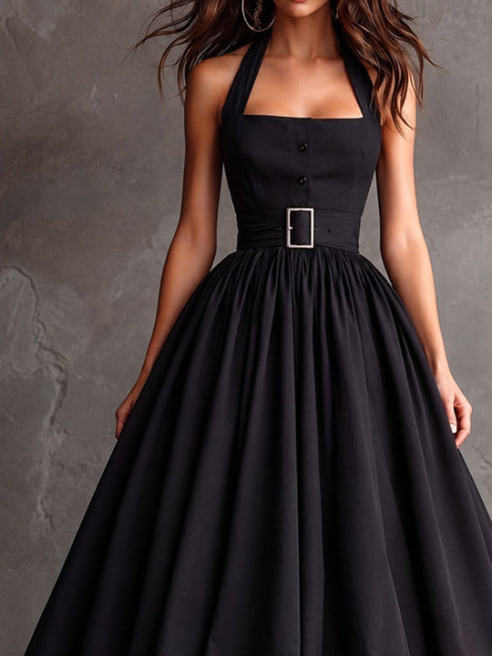 Retro Elegant Black Halter Belted Bubble Hem Dress