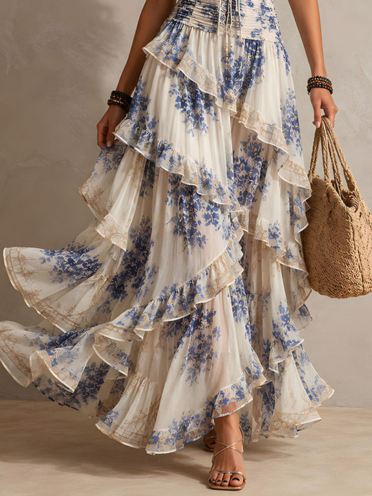 Boho Resort Blue Floral Halter Tiered Ruffle Chiffon Maxi Dress