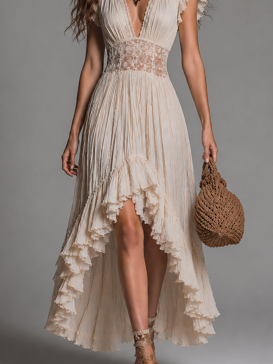 Boho Ruffle-Sleeve Lace-Trimmed High-Low Hem Maxi Dress