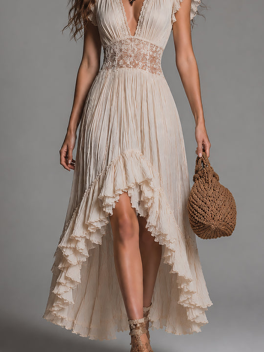 Boho Ruffle-Sleeve Lace-Trimmed High-Low Hem Maxi Dress