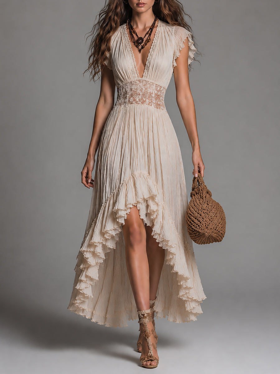 Boho Ruffle-Sleeve Lace-Trimmed High-Low Hem Maxi Dress