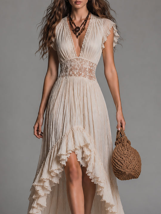 Boho Ruffle-Sleeve Lace-Trimmed High-Low Hem Maxi Dress