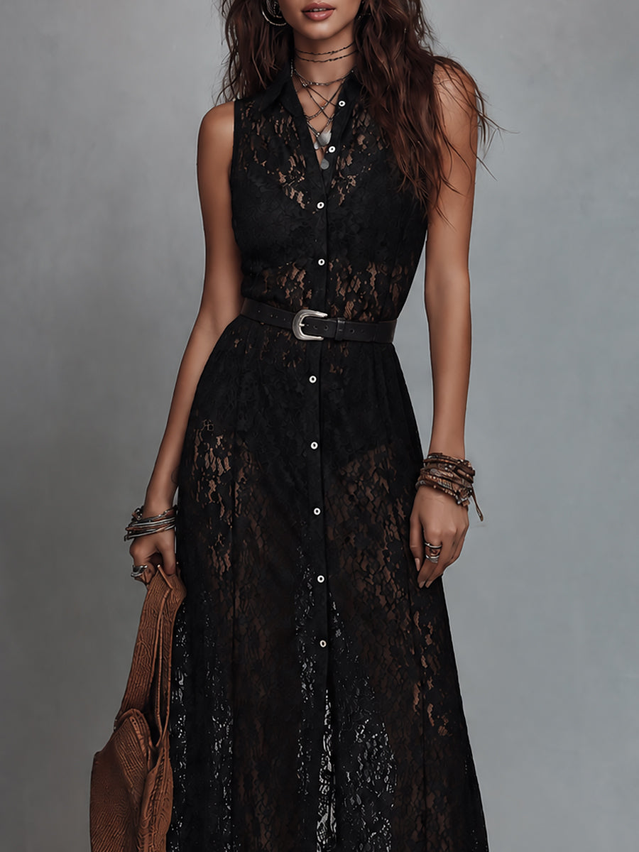 Vintage-Style Shirt Collar Sheer Lace Maxi Dress(Includes Belt)