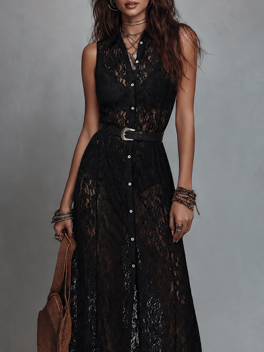 Vintage-Style Shirt Collar Sheer Lace Maxi Dress(Includes Belt)