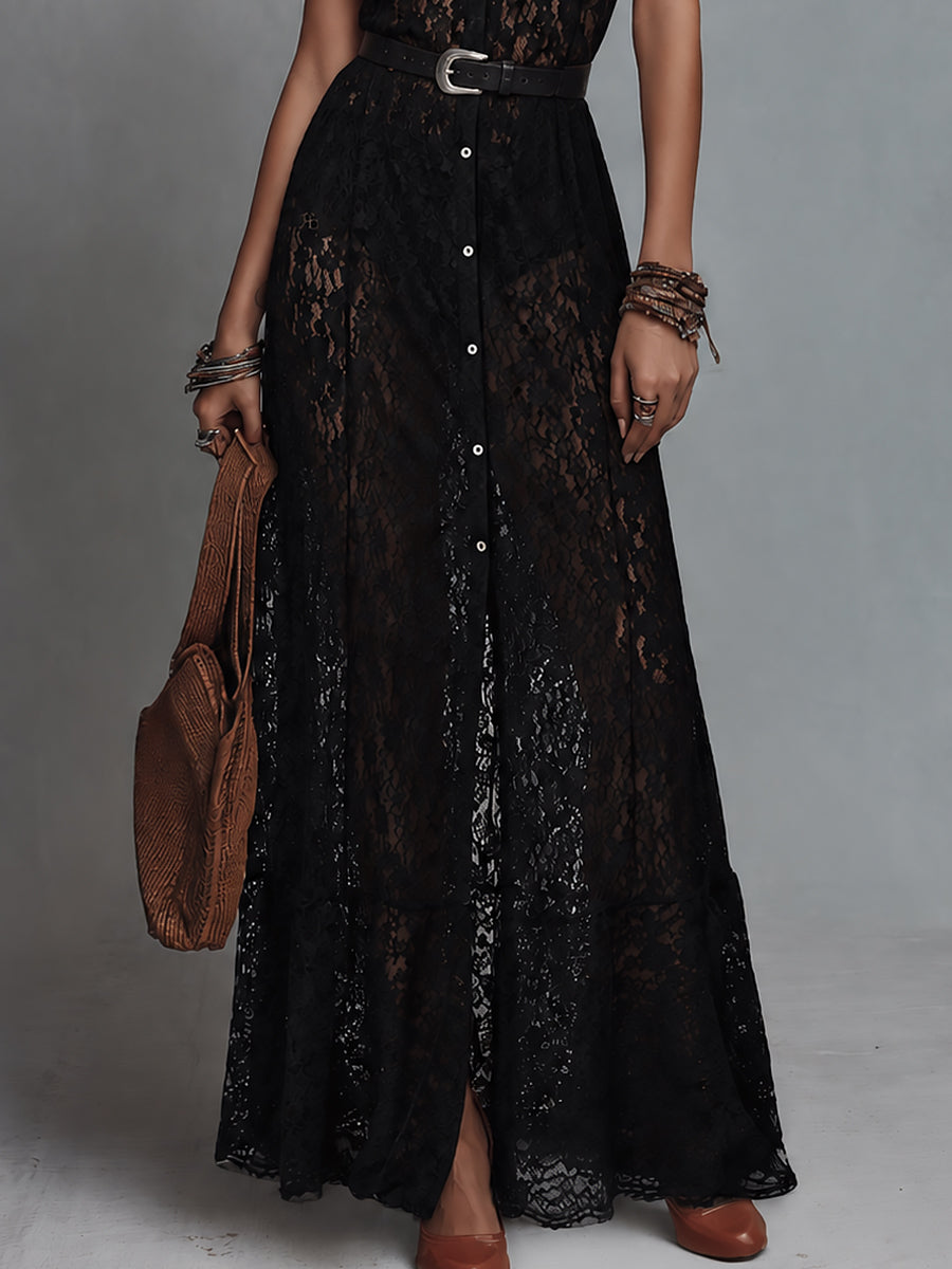 Vintage-Style Shirt Collar Sheer Lace Maxi Dress(Includes Belt)