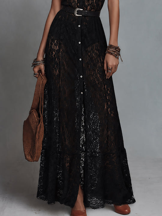 Vintage-Style Shirt Collar Sheer Lace Maxi Dress(Includes Belt)