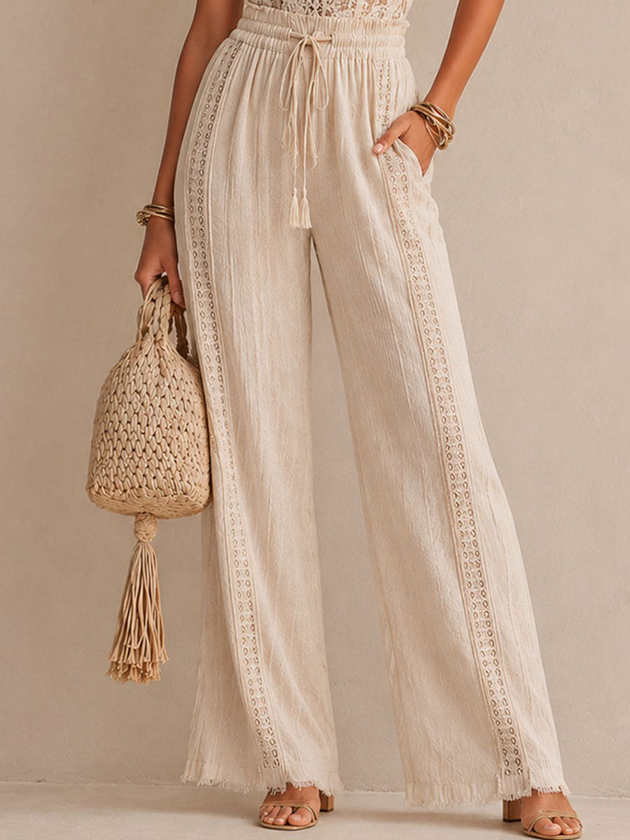 Boho Beige Lace Halter Drawstring Waist Wide-Leg Jumpsuit With Frayed Hem
