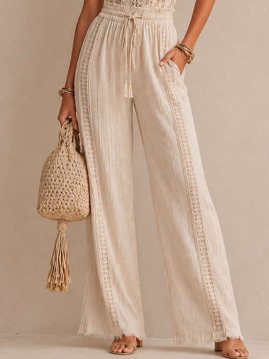 Boho Beige Lace Halter Drawstring Waist Wide-Leg Jumpsuit With Frayed Hem